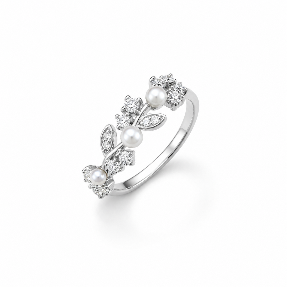 Fresh Water Pearl Blossom Vine Band Ring – centered studio product photo