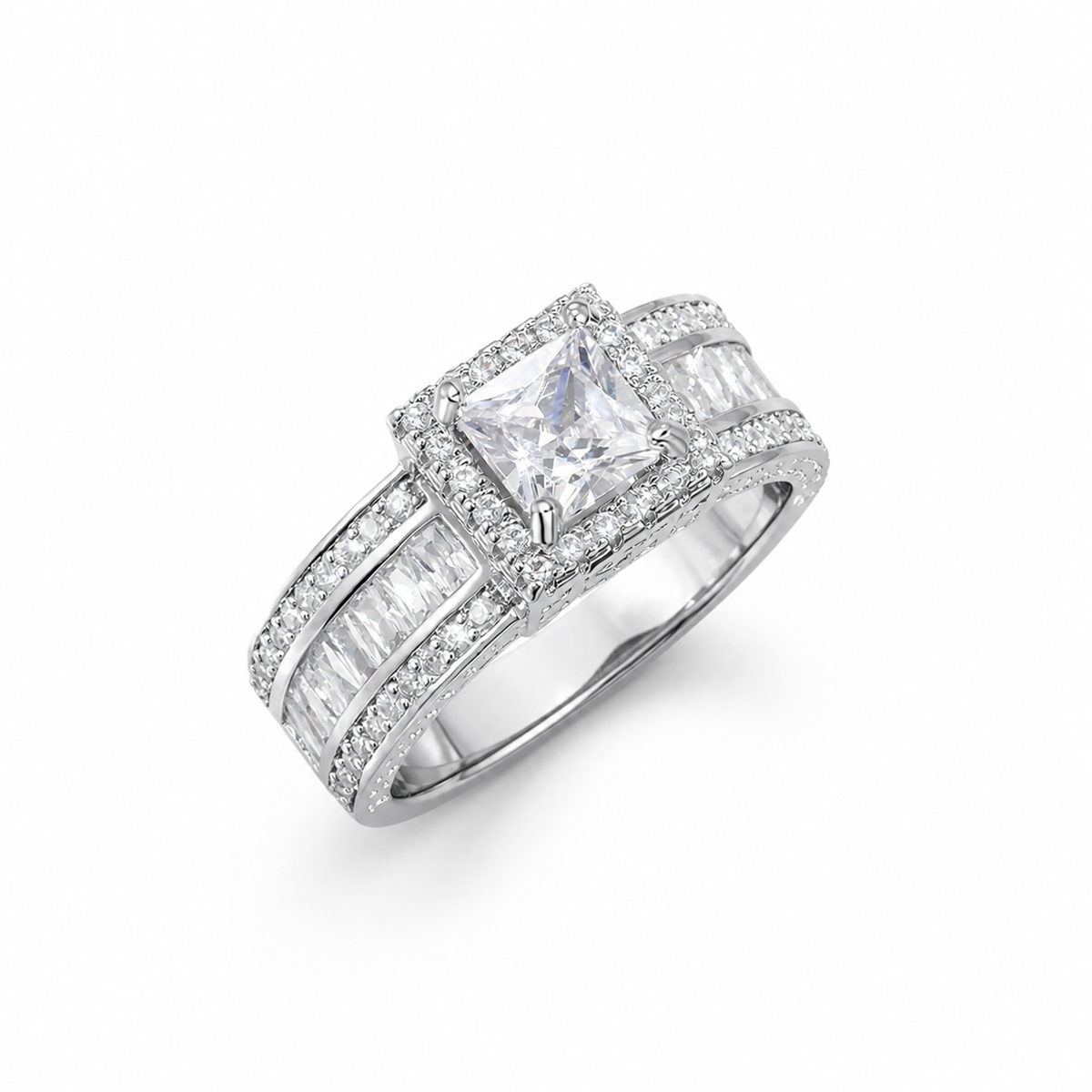 Princess Halo Baguette Statement Ring – centered studio product photo
