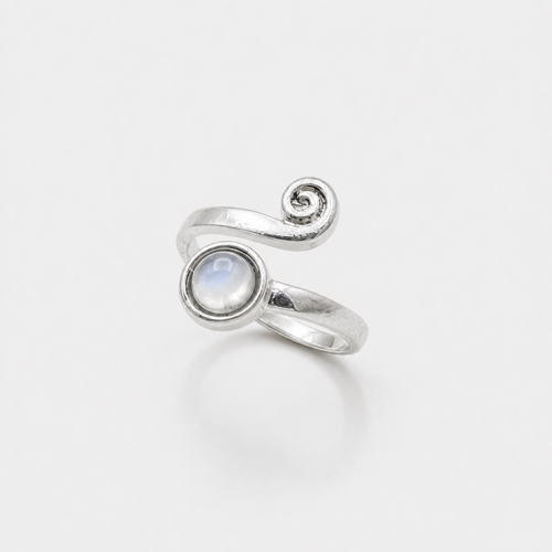 Adjustable Silver Spiral Moonstone Ring – centered studio product photo